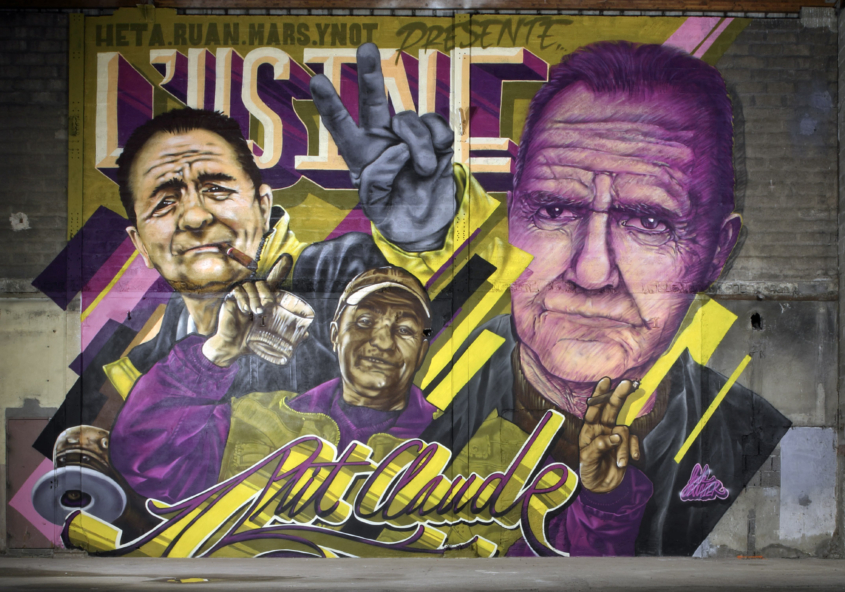 Mur commun de Heta, Ruan, Mars, Ynot au Peinture Fraiche Festival de Villeurbanne en 2026 en dédicace à Claude de l'Usine