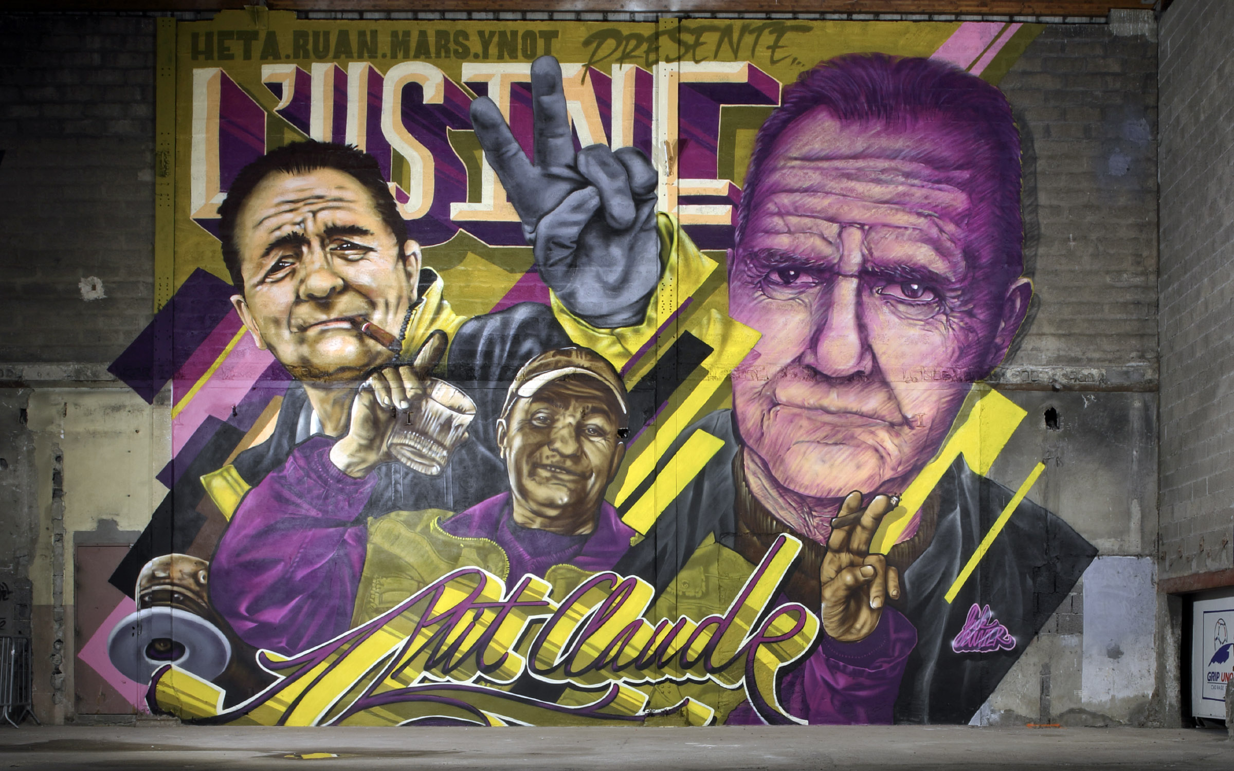 Mur commun de Heta, Ruan, Mars, Ynot au Peinture Fraiche Festival de Villeurbanne en 2026 en dédicace à Claude de l'Usine
